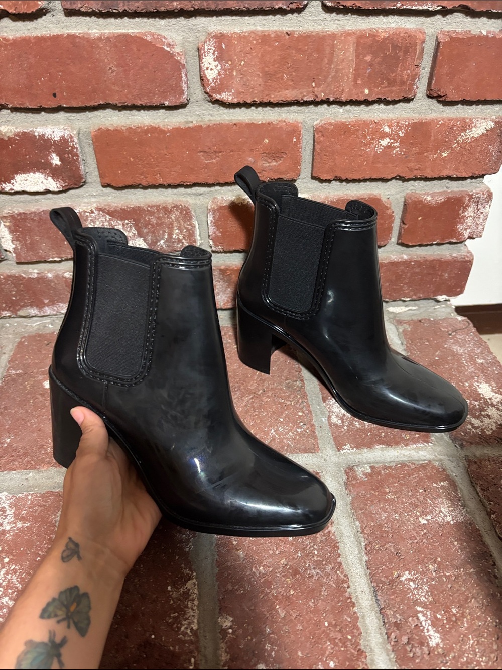 Jeffrey Campbell Black Gloss Chelsea Block Heel Ankle Boots